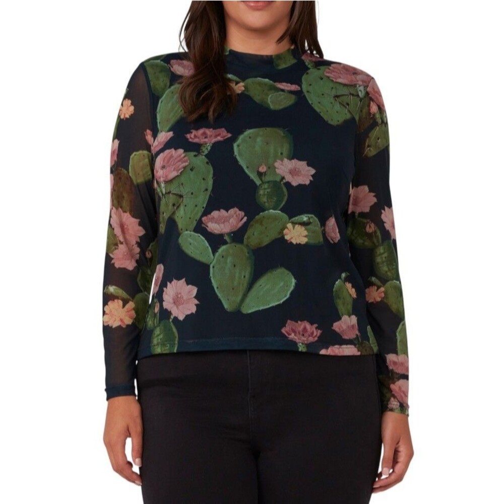 Estelle Mezzanine Cactus Print Mesh Top Blouse - 2X / 18W